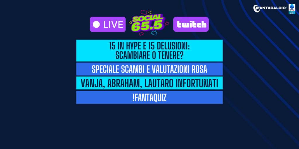 Copertina: LIVE! 15 in hype e 15 delusioni: da scambiare o tenere? | Speciale scambi e valutazioni rosa | Milinkovic, Abraham e Lautaro: le ultime | !Fantaquiz | Social 65.5 | Fantacalcio TV
