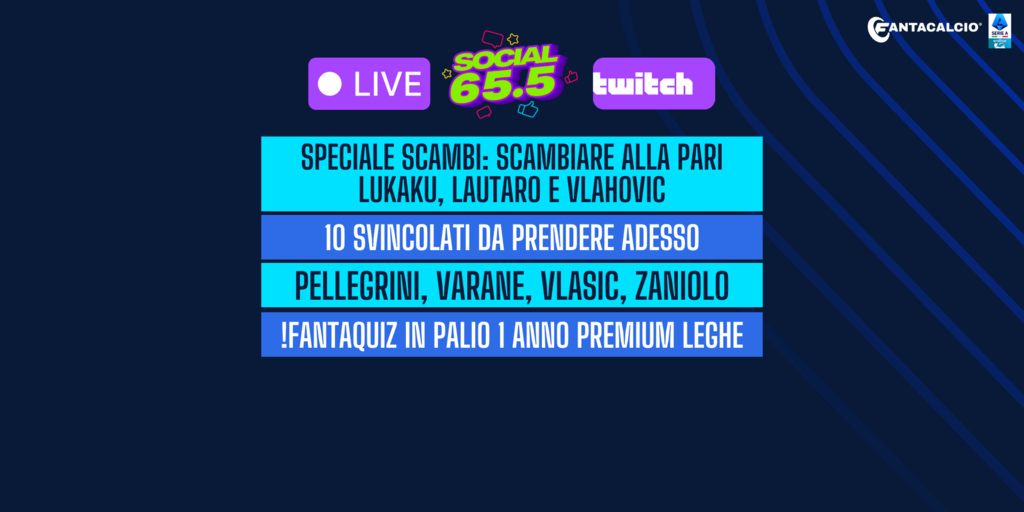 Copertina: LIVE! Speciale scambi: Lukaku, Vlahovic e Lautaro | 10 svincolati da prendere adesso | Pellegrini, Varane, Vlasic e Zaniolo | !Fantaquiz | Social 65.5 | Fantacalcio TV