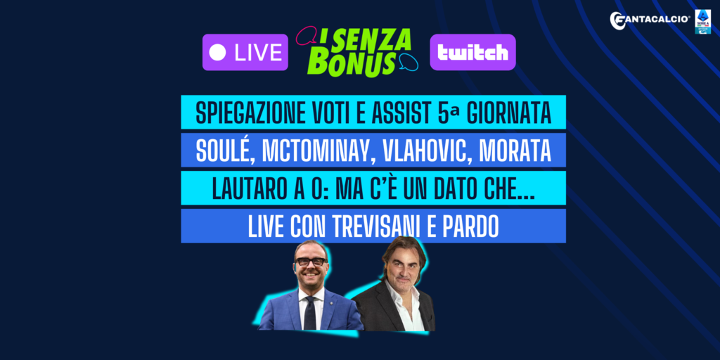 Copertina: Live! Voti e assist 6ᵃ giornata | Dybala, Castro, Brescianini e Morata | Focus Conceicao, Pisilli e Soulè | con Pardo e Trevisani I I Senza Bonus | Fantacalcio Tv