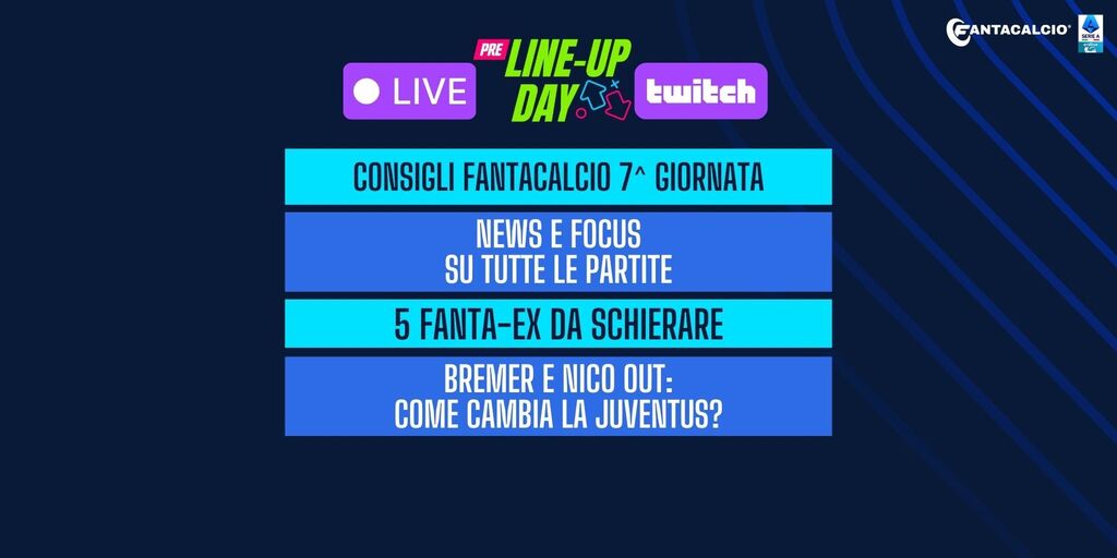 Copertina: LIVE! Pre 'Line-Up Day' | Consigli 7a giornata | Bremer e Nico Gonzalez out: come cambia la Juventus? | 5 Fanta-Ex da schierare | Fantacalcio TV